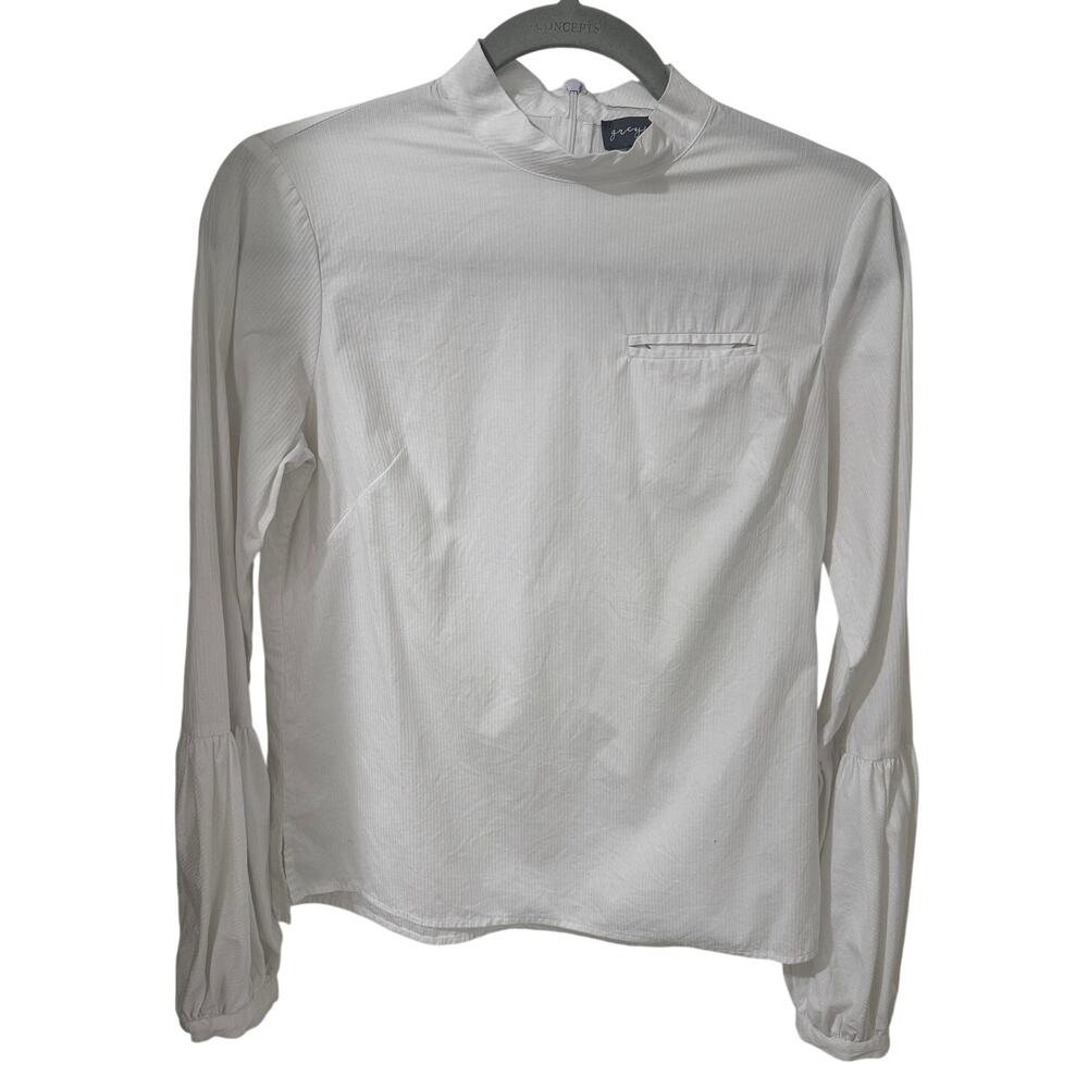 Greysn Womens Mock Neck White On White Striped Shirt Balloon Sleeve, size S